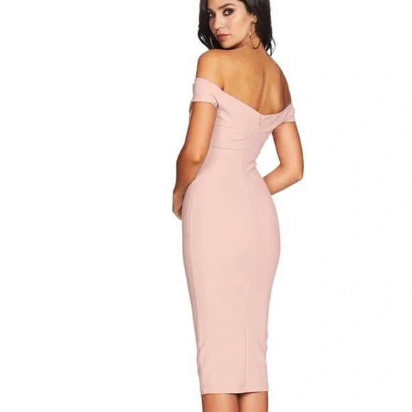 NOOKIE: Athena Off Shoulder Light Pink Midi Dress (NWT) - Picture 3 of 8